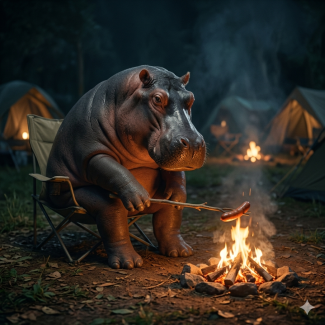 Der Hippocampus: Ein Nilpferd brät eine Wurst an einem Feuer inmitten von ein paar Zelten. 