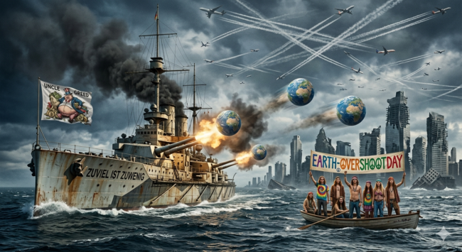 Ein Schlachtschiff aus dem Ersten Weltkrieg mit dem Namen "Zuviel ist Zuwenig" schiesst Weltkugeln auf ein Ruderboot voller Hippies mit einem Transparent, auf dem steht: Earth-Overshoot-Day. 