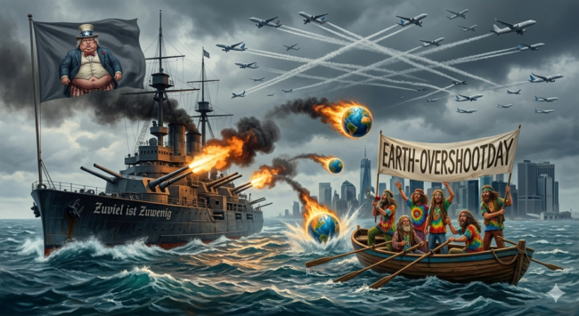 Ein Schlachtschiff aus dem Ersten Weltkrieg mit dem Namen "Zuviel ist Zuwenig" schiesst Weltkugeln auf ein Ruderboot voller Hippies mit einem Transparent, auf dem steht: Earth-Overshoot-Day. 