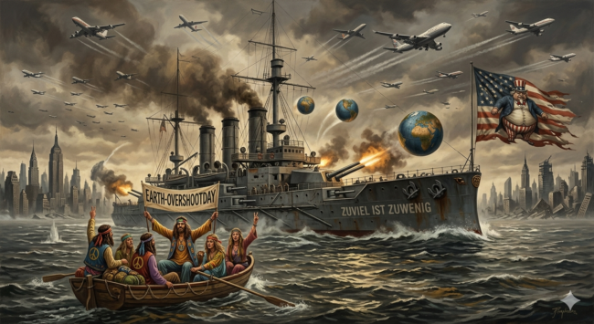 Ein Schlachtschiff aus dem Ersten Weltkrieg mit dem Namen "Zuviel ist Zuwenig" schiesst Weltkugeln auf ein Ruderboot voller Hippies mit einem Transparent, auf dem steht: Earth-Overshoot-Day. 