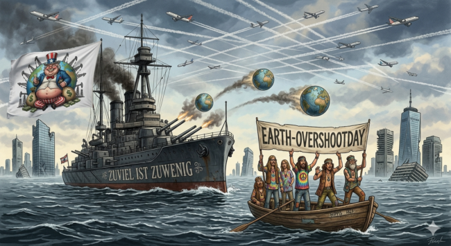 Ein Schlachtschiff aus dem Ersten Weltkrieg mit dem Namen "Zuviel ist Zuwenig" schiesst Weltkugeln auf ein Ruderboot voller Hippies mit einem Transparent, auf dem steht: Earth-Overshoot-Day. 