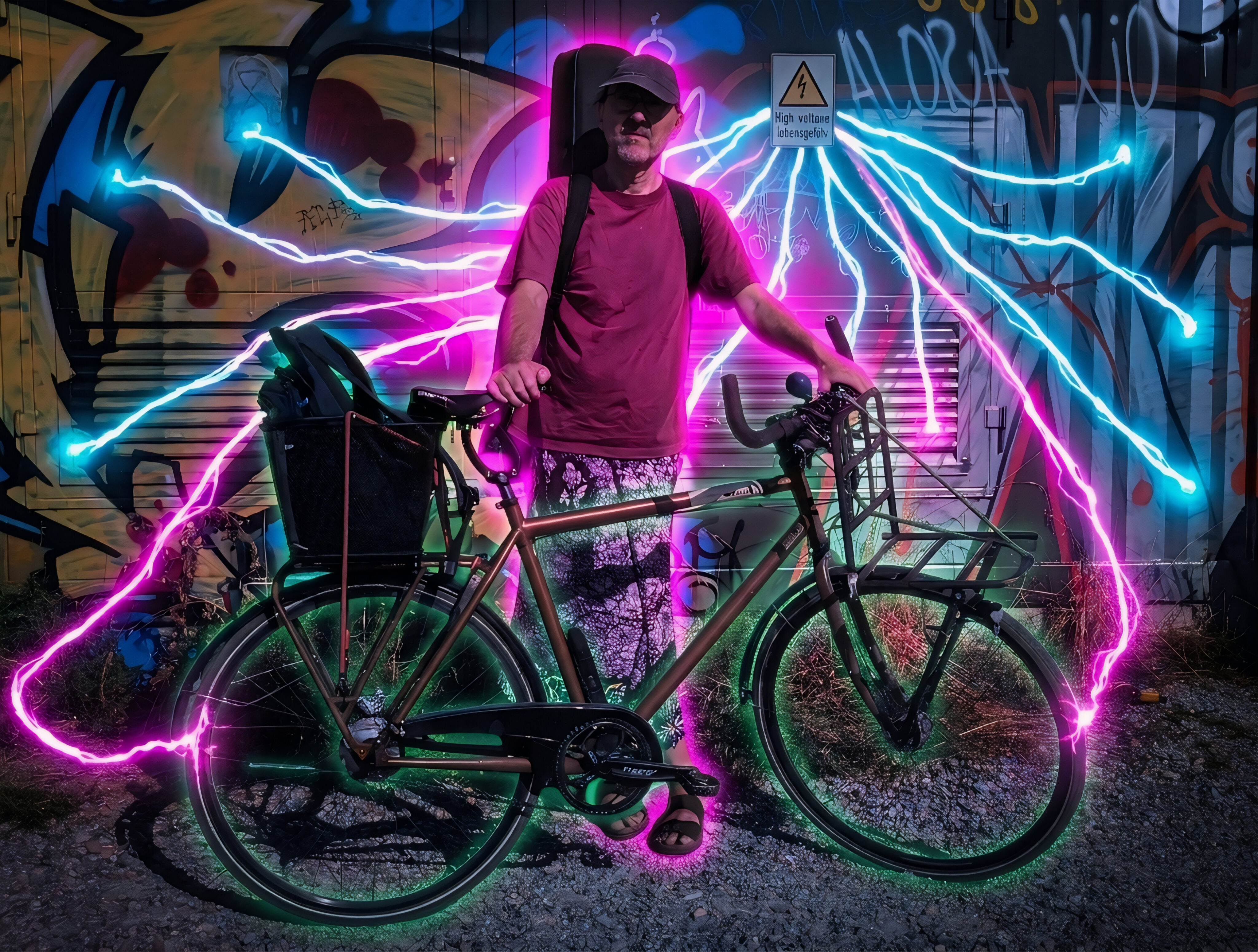 Samuel Heller steht hinter seinem Fahrrad mit der Gitarrenbag auf dem Rücken. Von einem Schild mit dem Text "Hochspannung Lebensgefahr" auf der Wand im Hintergrund gehen blaue und pinke Plasmastrahlen zum im und dem Fahrrad, das neongrün leuchtet. Samuel leichtet pink.
