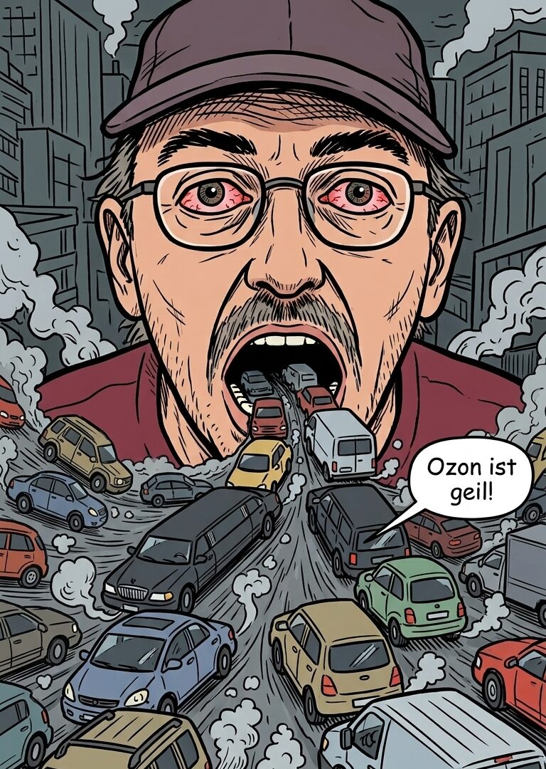 Kolonnen von Autos fahren in Samuels Mund und qualmen dabei. Eine Sprechblase sagt "Ozon ist geil!". Die Augen im Gesicht sind gerötet und Blutunterlaufen.